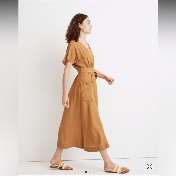 Madewell Mustard Linen-Blend Dolman Sleeve Tie-Waist Midi Dress — Size 8 - Picture 2 of 8